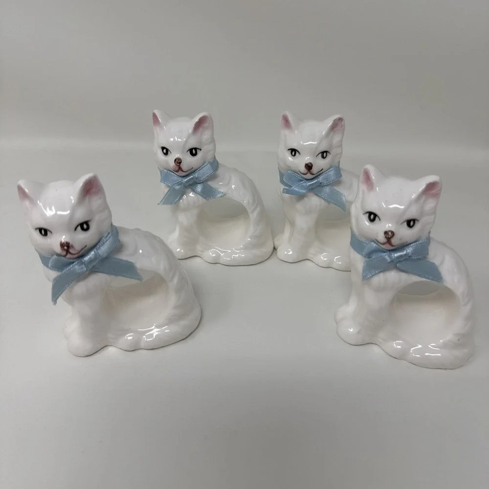 Cat Napkin Rings With Blue Bows Set Of 4 Ron Gordon Designs Ceramic 1983 Vintage